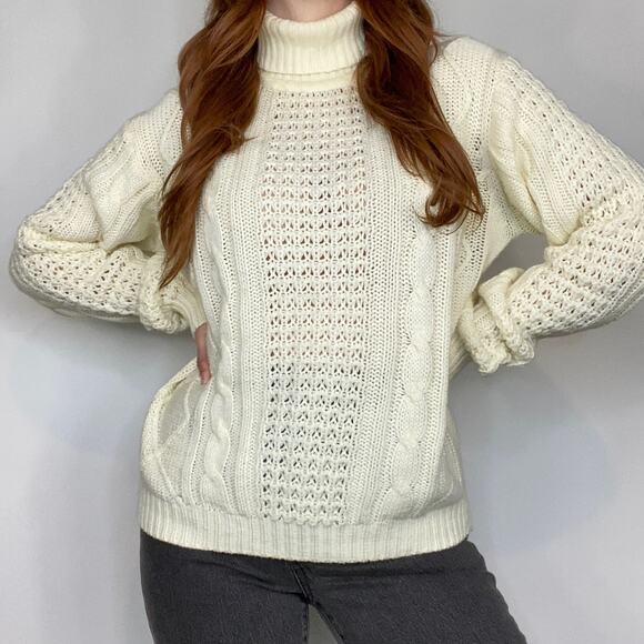 Vintage Cortini Ivory White Heavy Cable Knit Fisherman Style Turtleneck Sweater - Picture 6 of 14